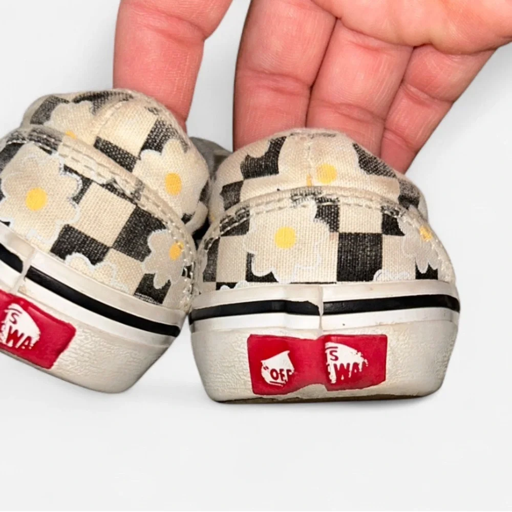 Vans Kids' Black and White Checkered Sneakers with Yellow Flowers